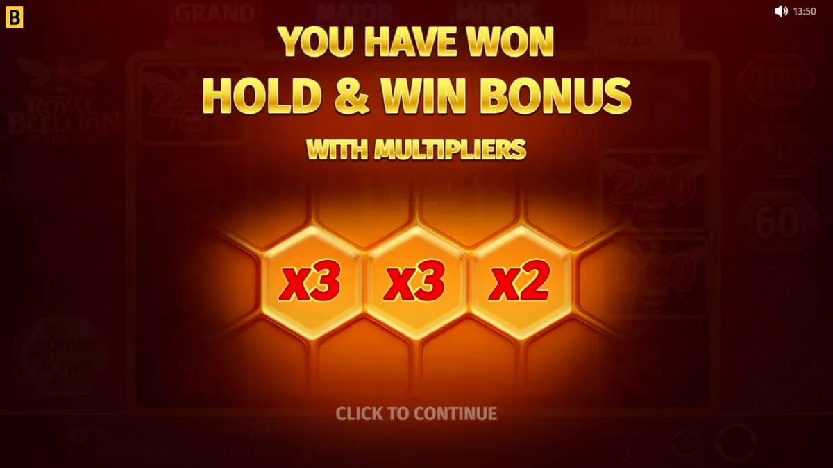 Interface do jogo Royal Beellion Hold & Win em um dispositivo móvel